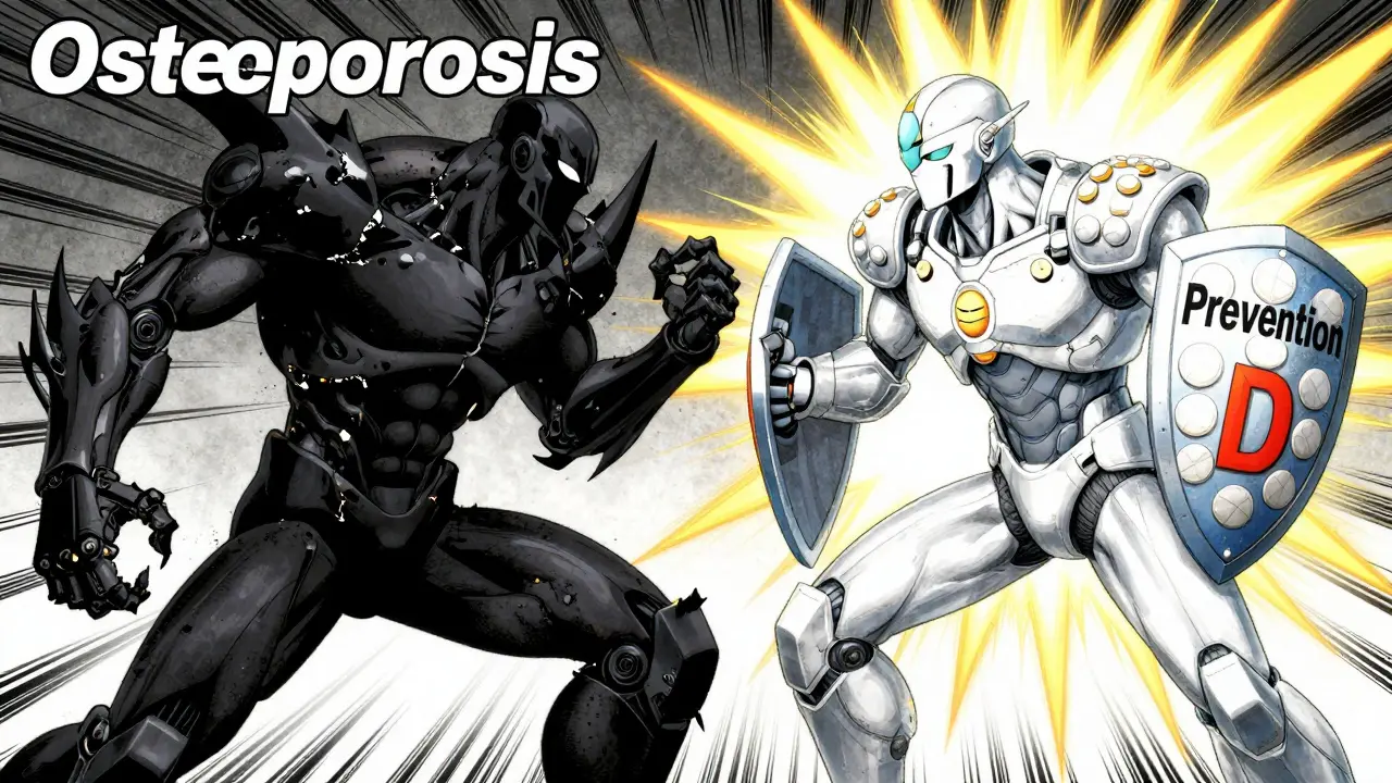 Manga battle between osteoporosis monster and prevention hero