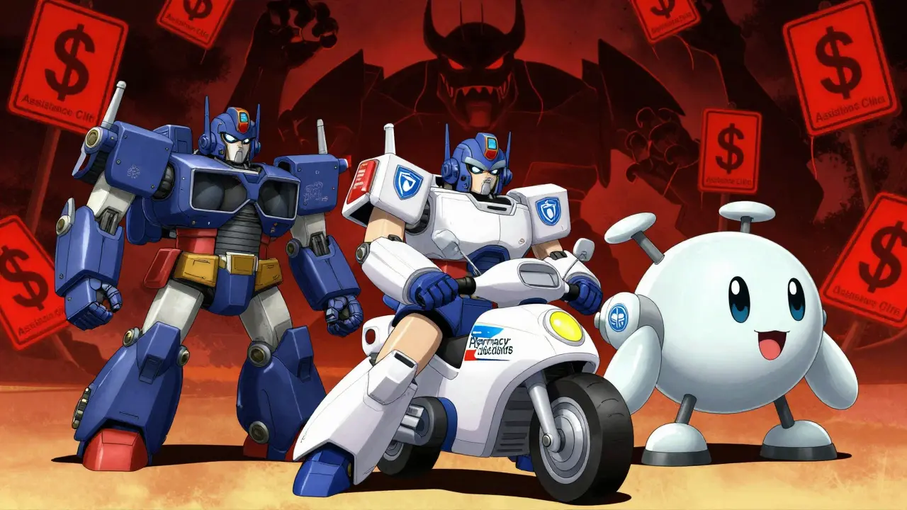 Mecha robots representing aid programs fight cost monsters in anime