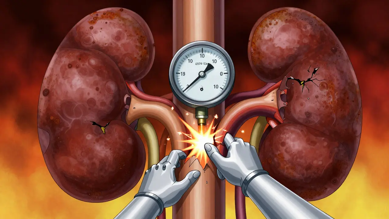 Mechanical arteries clamping kidney causing pressure failure