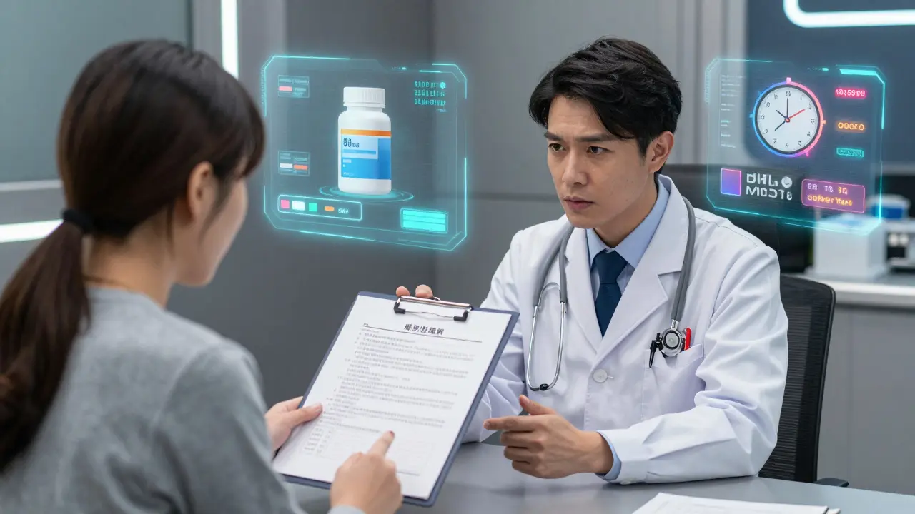 Patient presenting structured medical evidence to a doctor in a sci-fi clinic