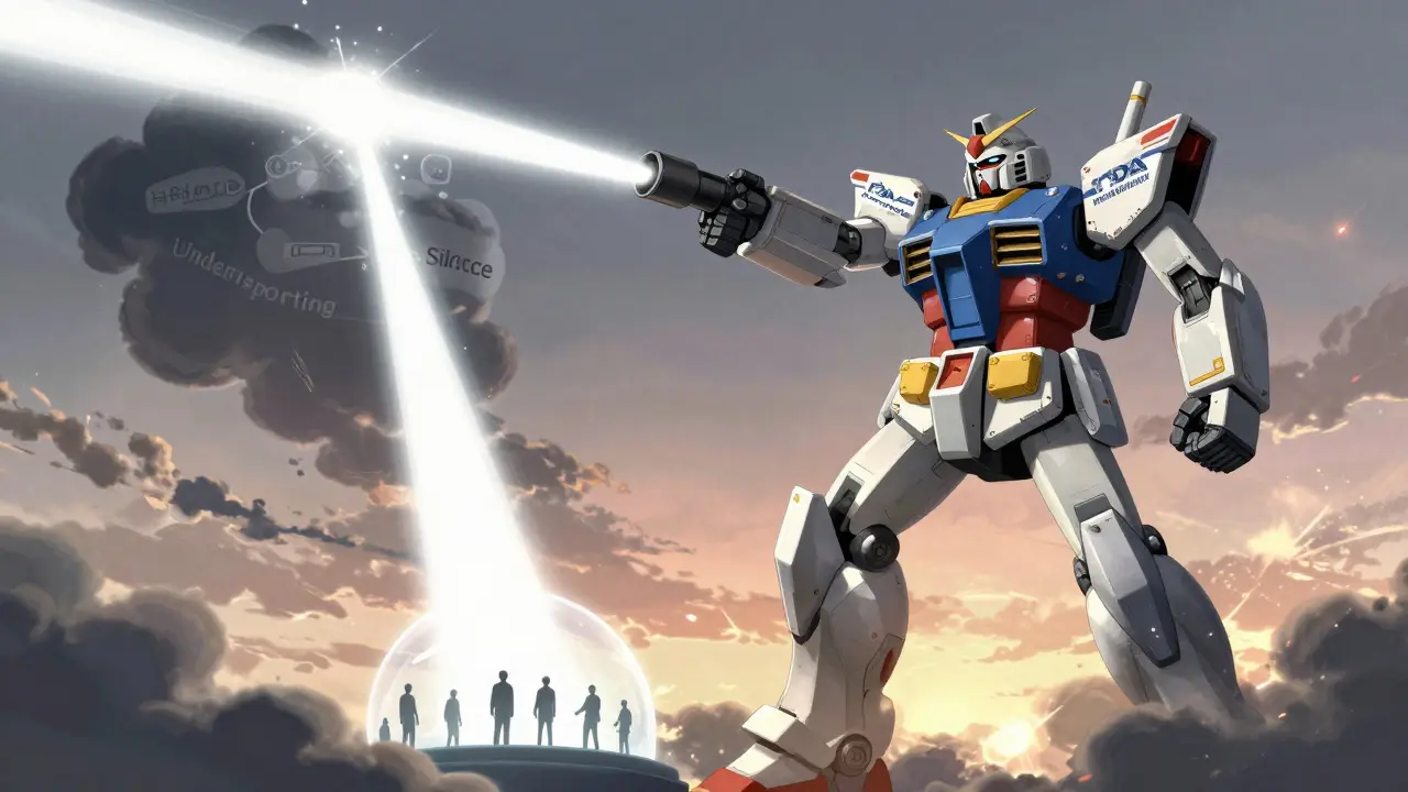 Robot pharmacist firing a data beam to clear dark clouds