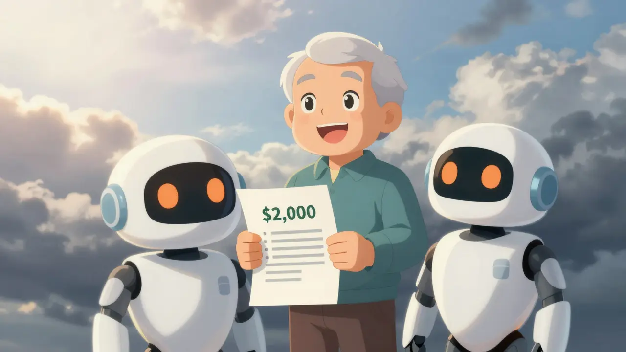 Senior and helper robot celebrate new Medicare caps in anime art