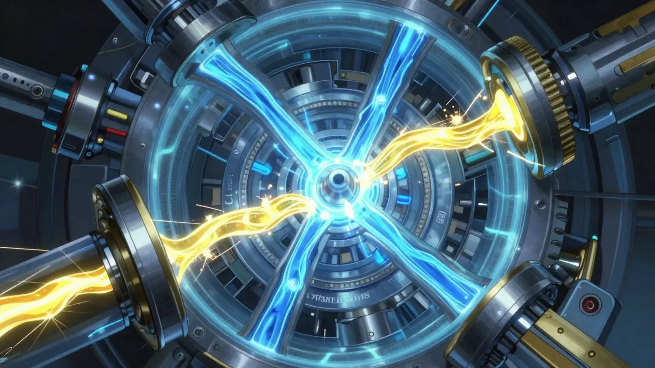 Anime style mechanical gears showing blue and yellow energy mixing, representing drug metabolism.