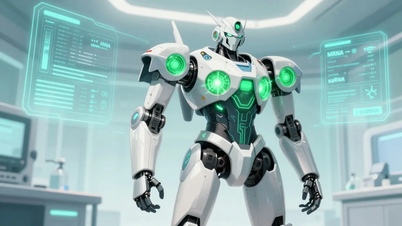 Futuristic anime robot symbolizing next-gen mRNA therapy with improved efficiency and safety.
