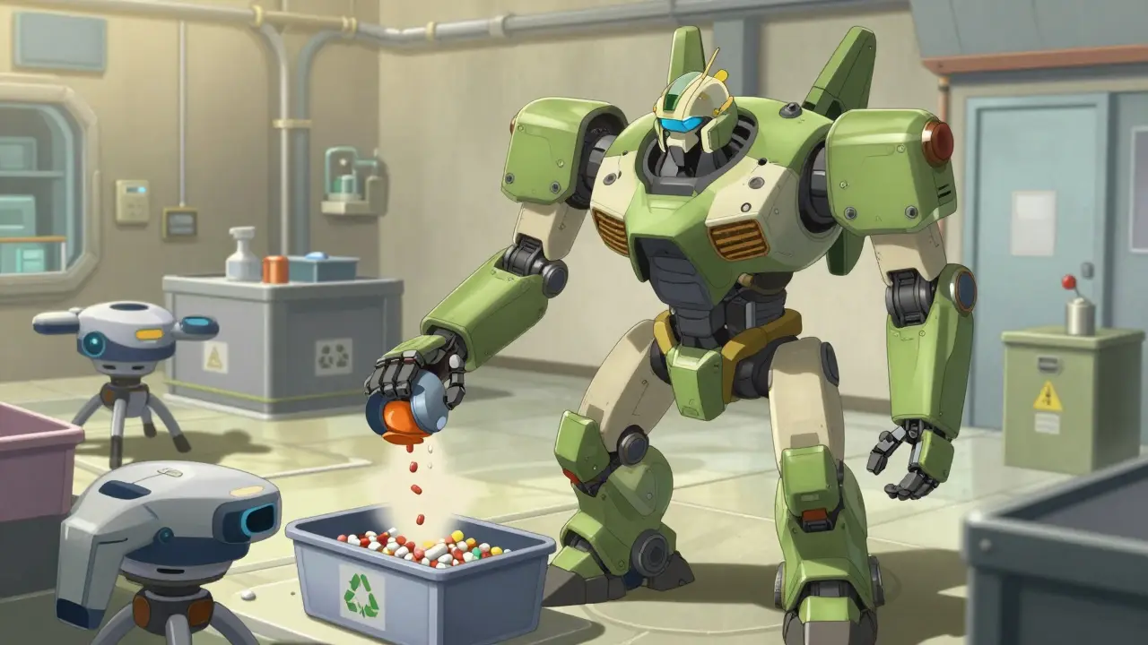 Futuristic robot safely disposing of expired medications.