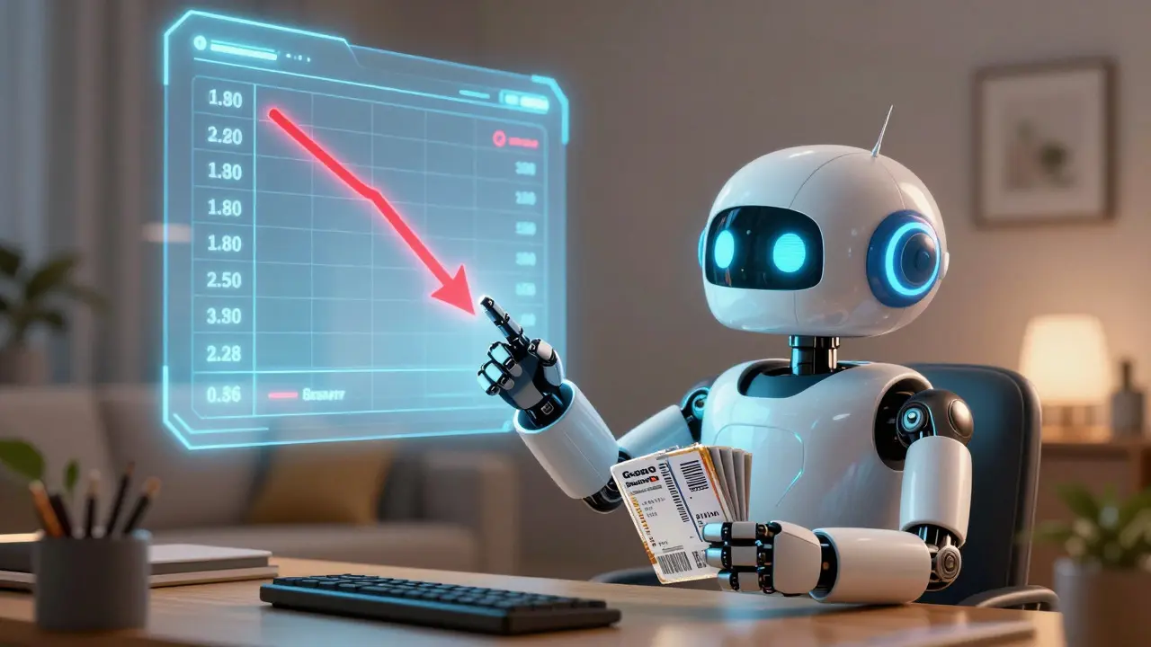 Helper robot showing holographic price savings and discount coupons