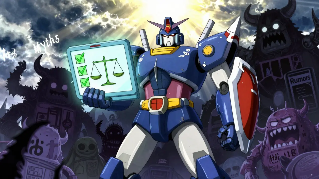Heroic anime robot holding a shield of facts against shadowy monsters of medical myths.