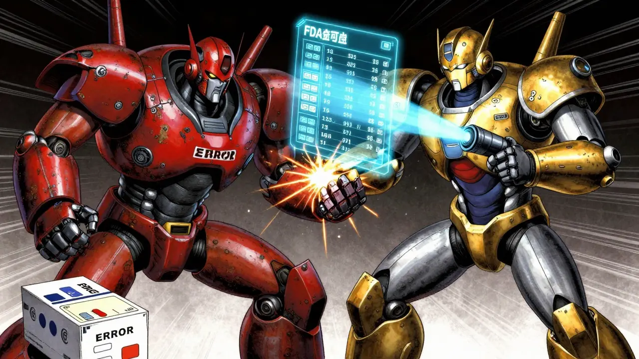 Heroic mecha blocking error robot while scanning drug recalls.