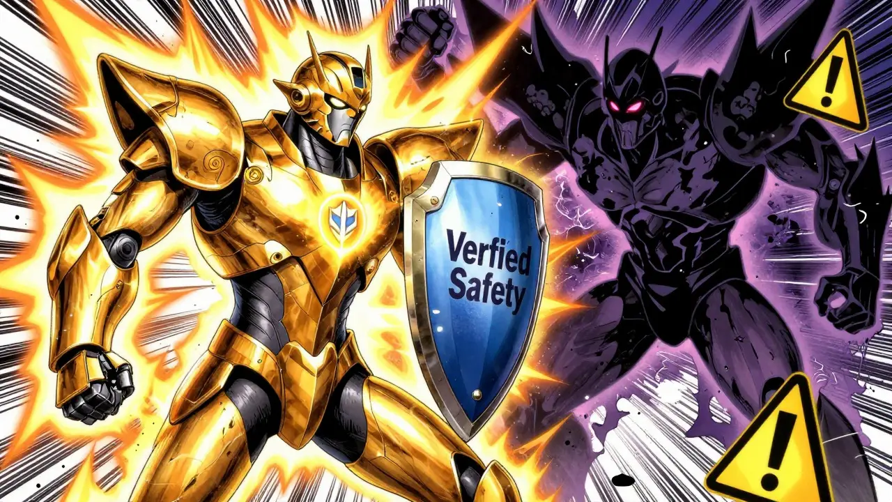 Heroic safety robot battling a shadowy counterfeit scam robot