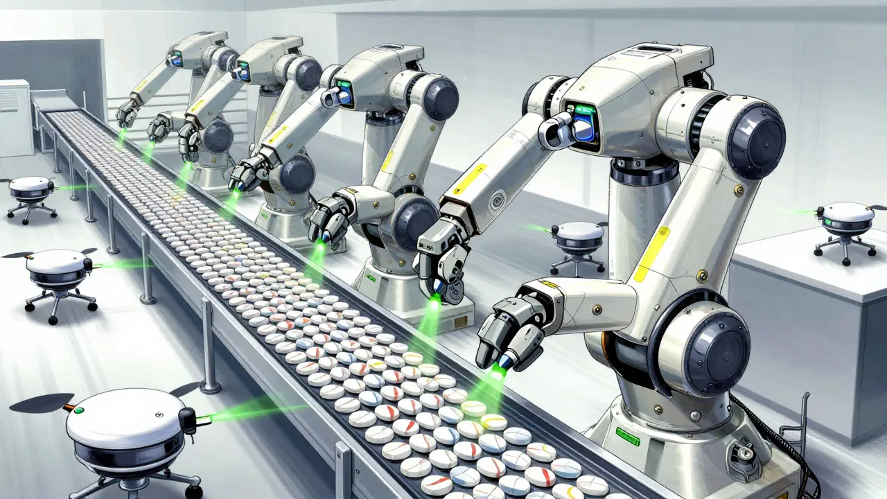 Manga robot on assembly line making generics, with drones checking quality.