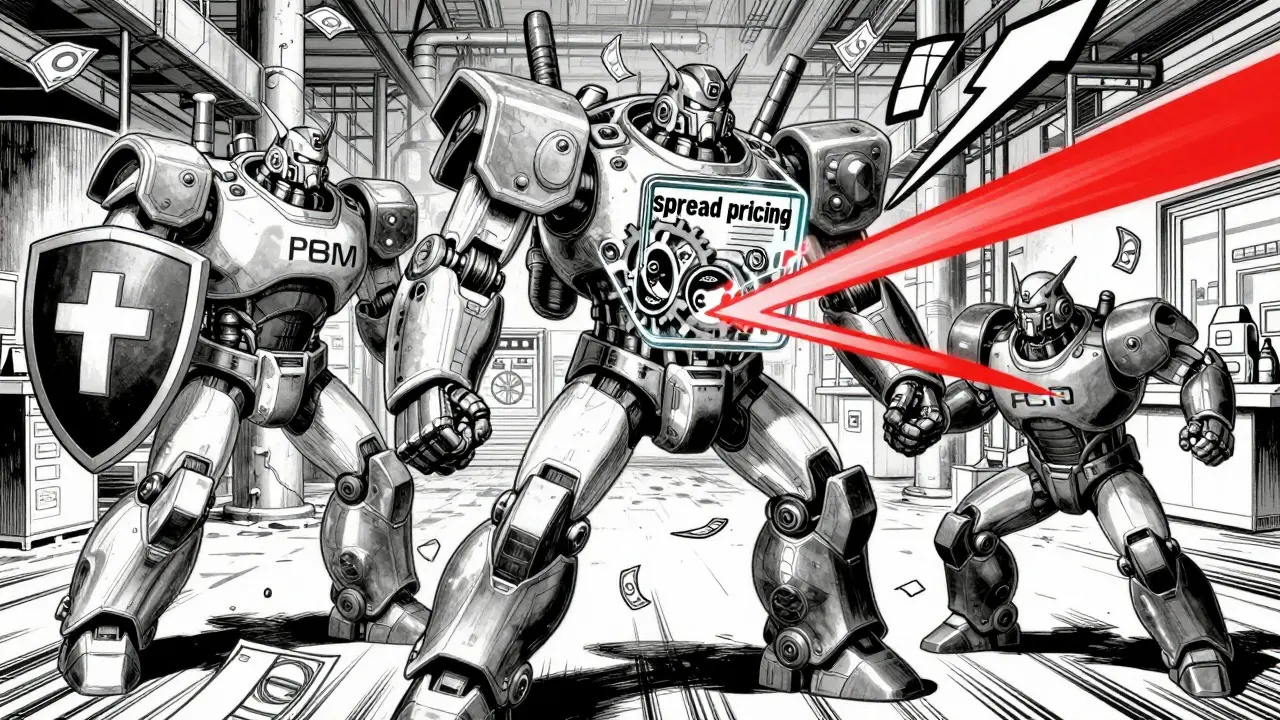 Manga style battle: PBM mech squeezing profits from manufacturers and pharmacies.