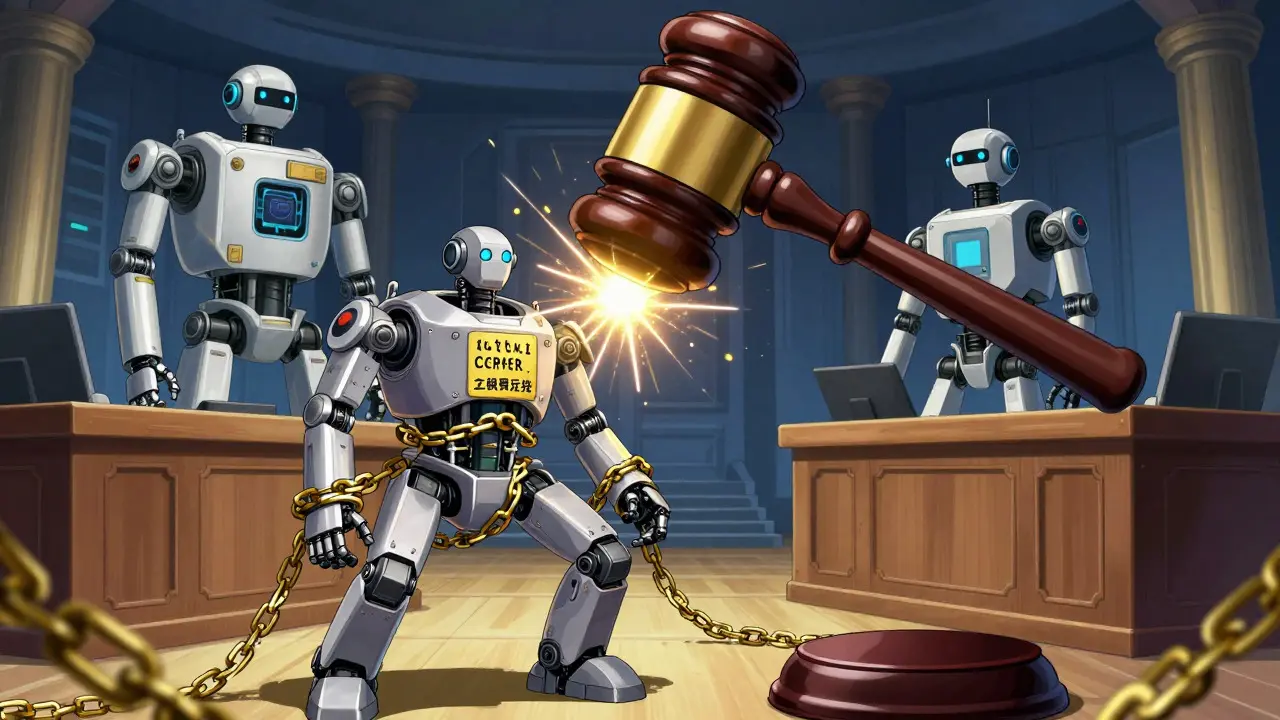 Mechanical gavel striking factory robot amidst legal chains and sparks