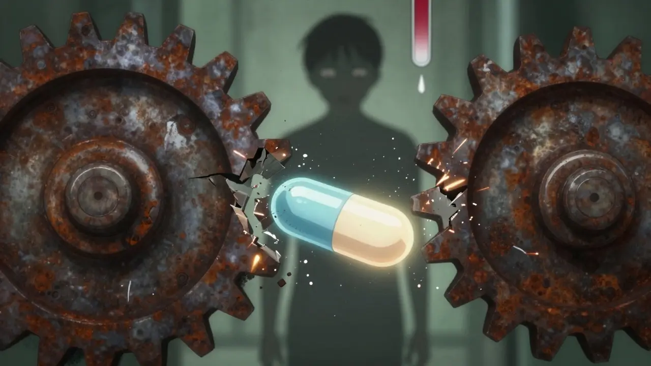 Mechanical gears crushing a pill symbolizing quality failure