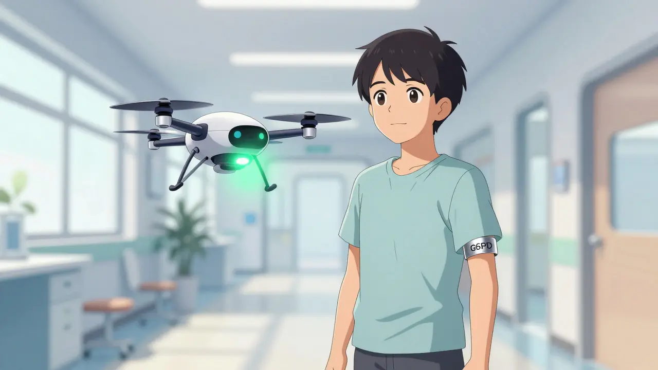 Patient with G6PD ID band and diagnostic drone