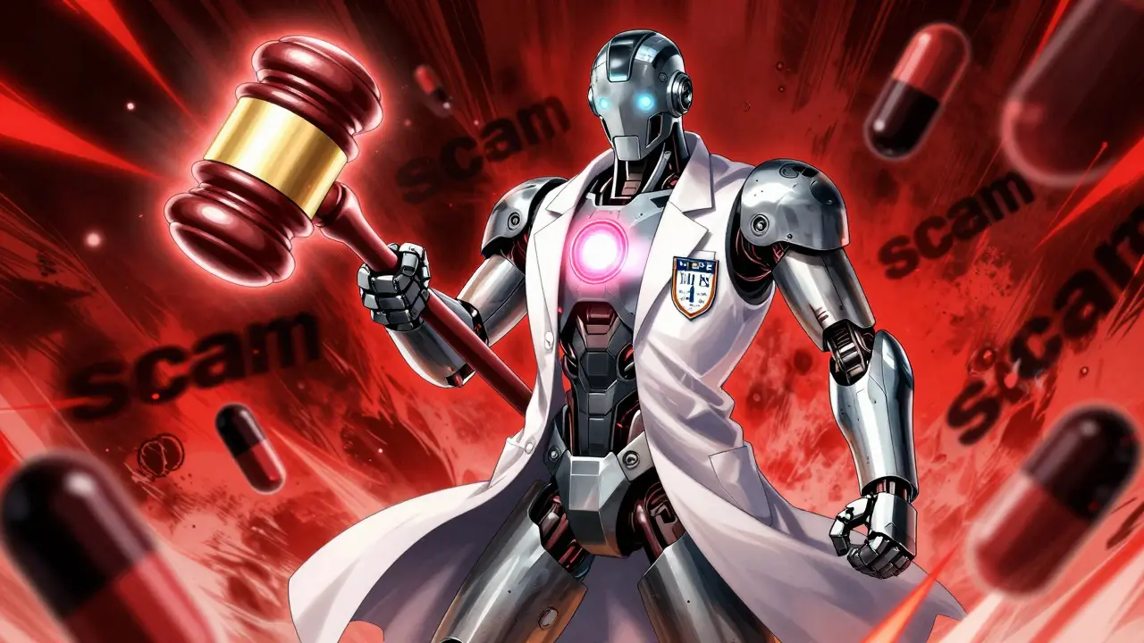 Pharmacist android blocking scam attacks with a glowing certification seal