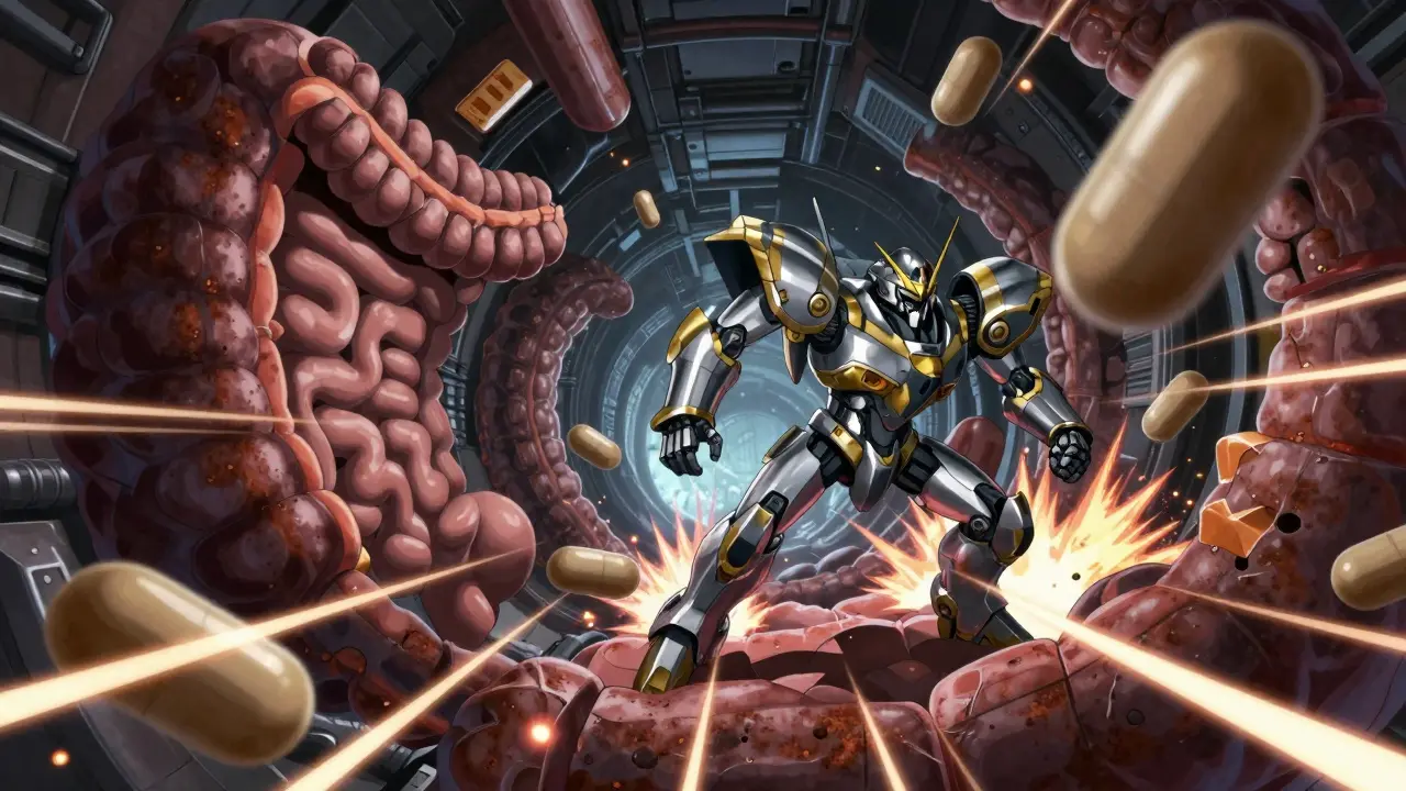 Robot dodging obstacle-like supplements in a stylized digestive tunnel
