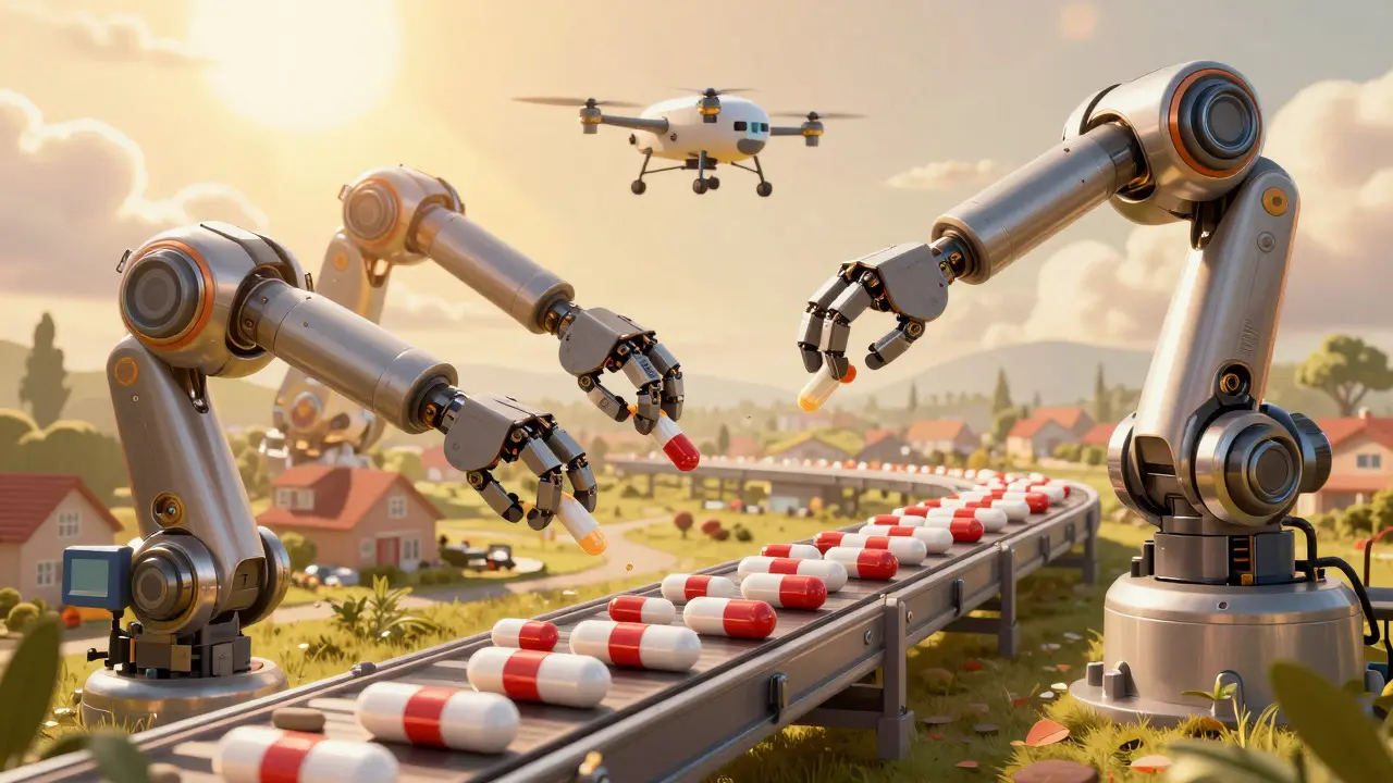 Robotic arms delivering affordable generic medication via drone