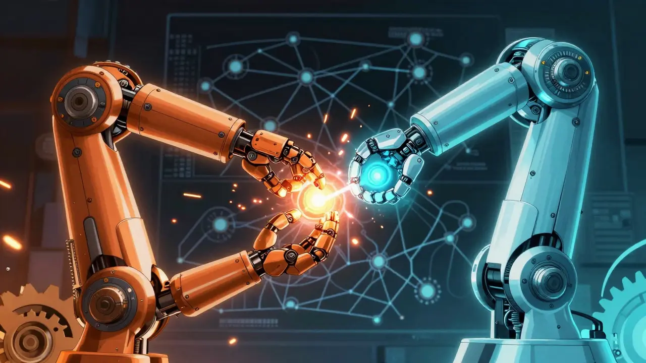 Robotic arms swapping energy cores representing med switch