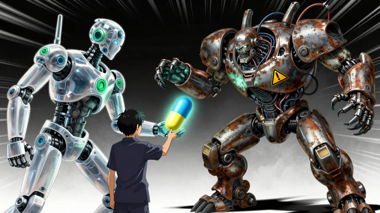Robotic battle showing safe medication vs dangerous counterfeit threats.