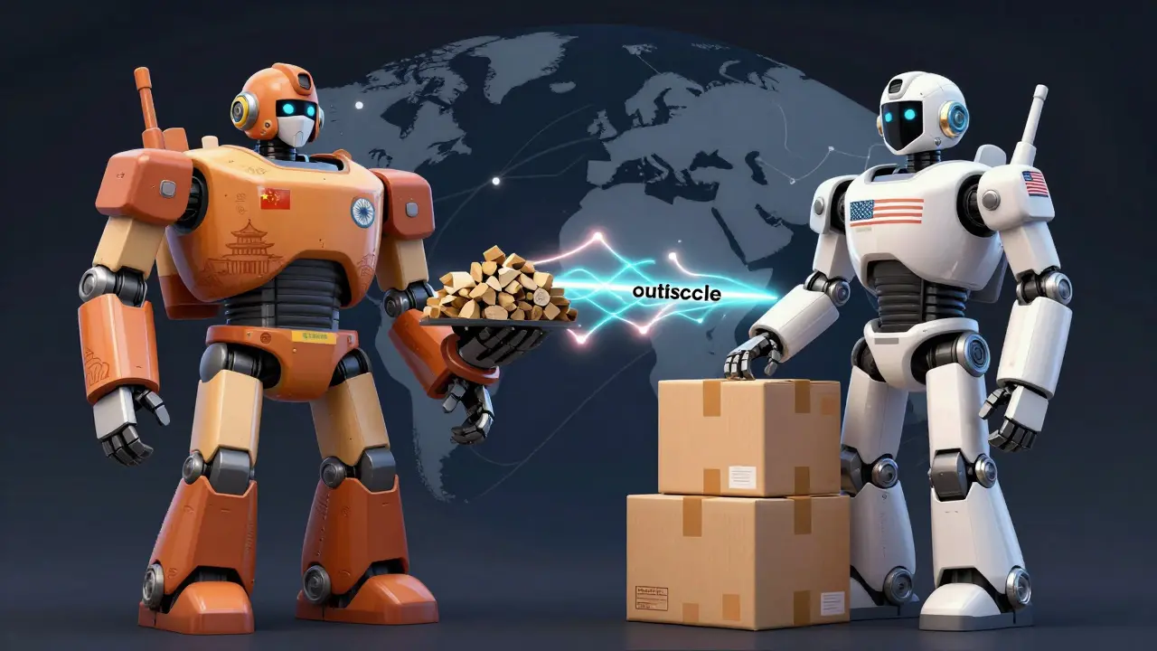 Robots representing global supply chain: Asian sourcing and US packaging.