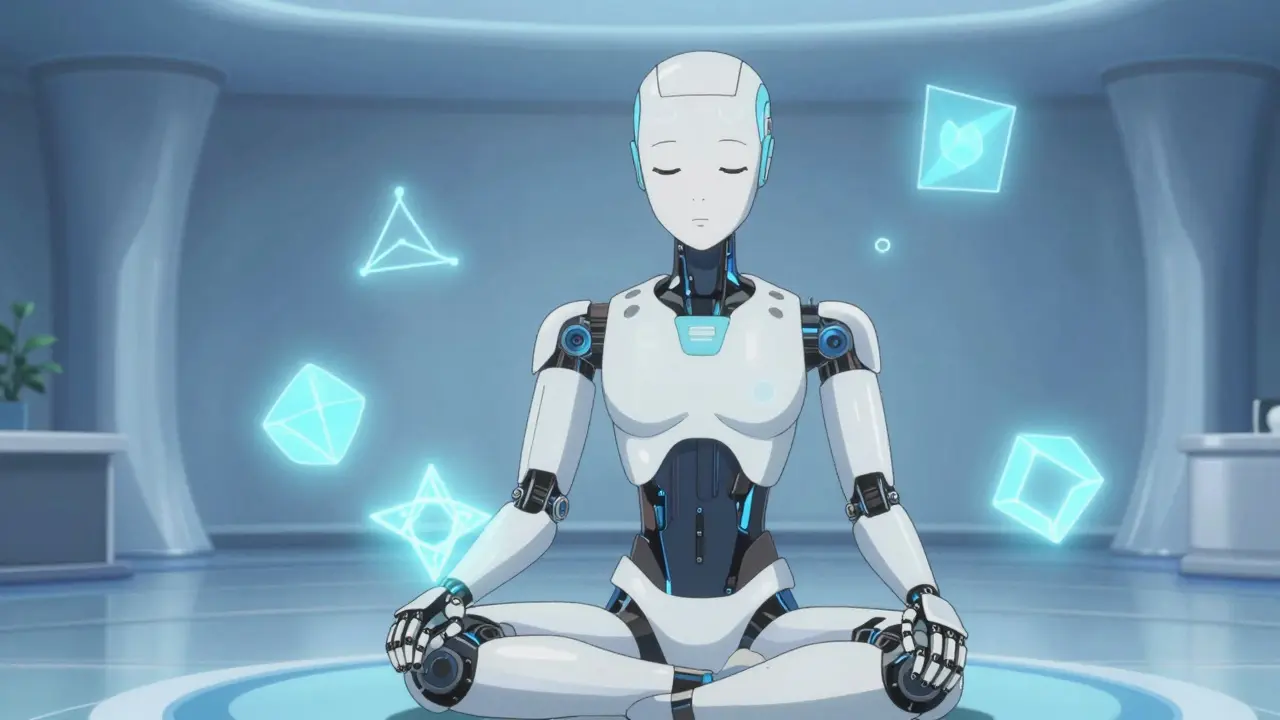 Serene android therapist offering calming holographic mental health support.