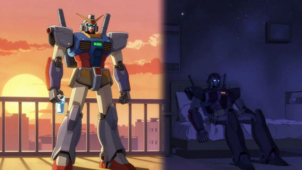 Split screen of robots in morning sun and night sky showing dosing times