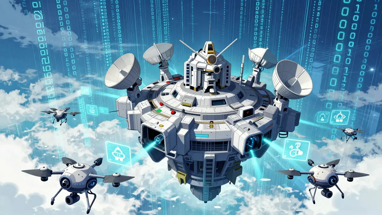 Super robot style surveillance station monitoring vast streams of medical data and safety signals.