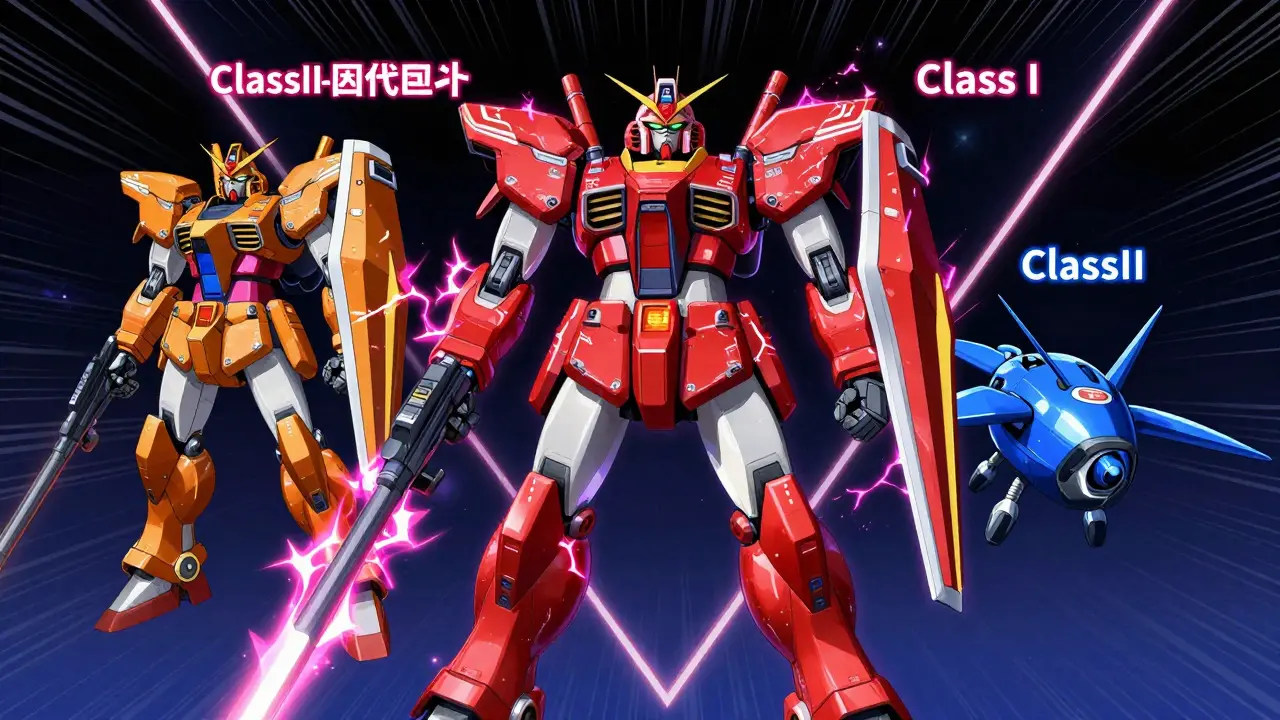 Three colored mechas representing Class I, II, and III drug recall risks