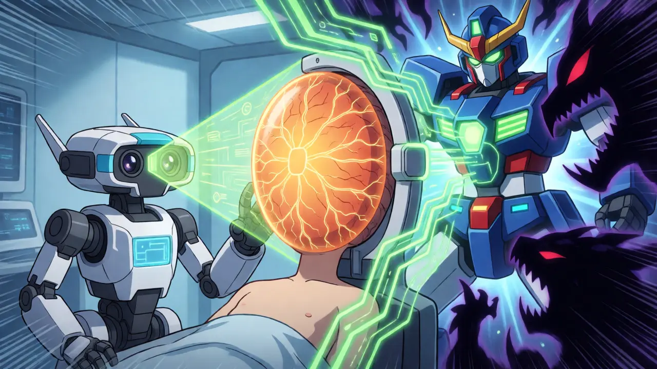 A diagnostic robot scans an eye while a guardian blocks disease shadows.