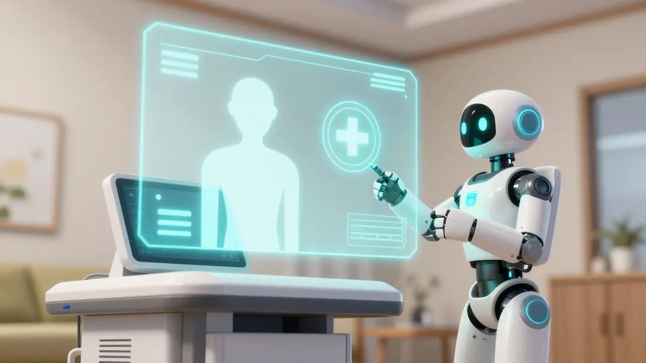 A futuristic holographic telehealth interface projected from a small service robot in a home