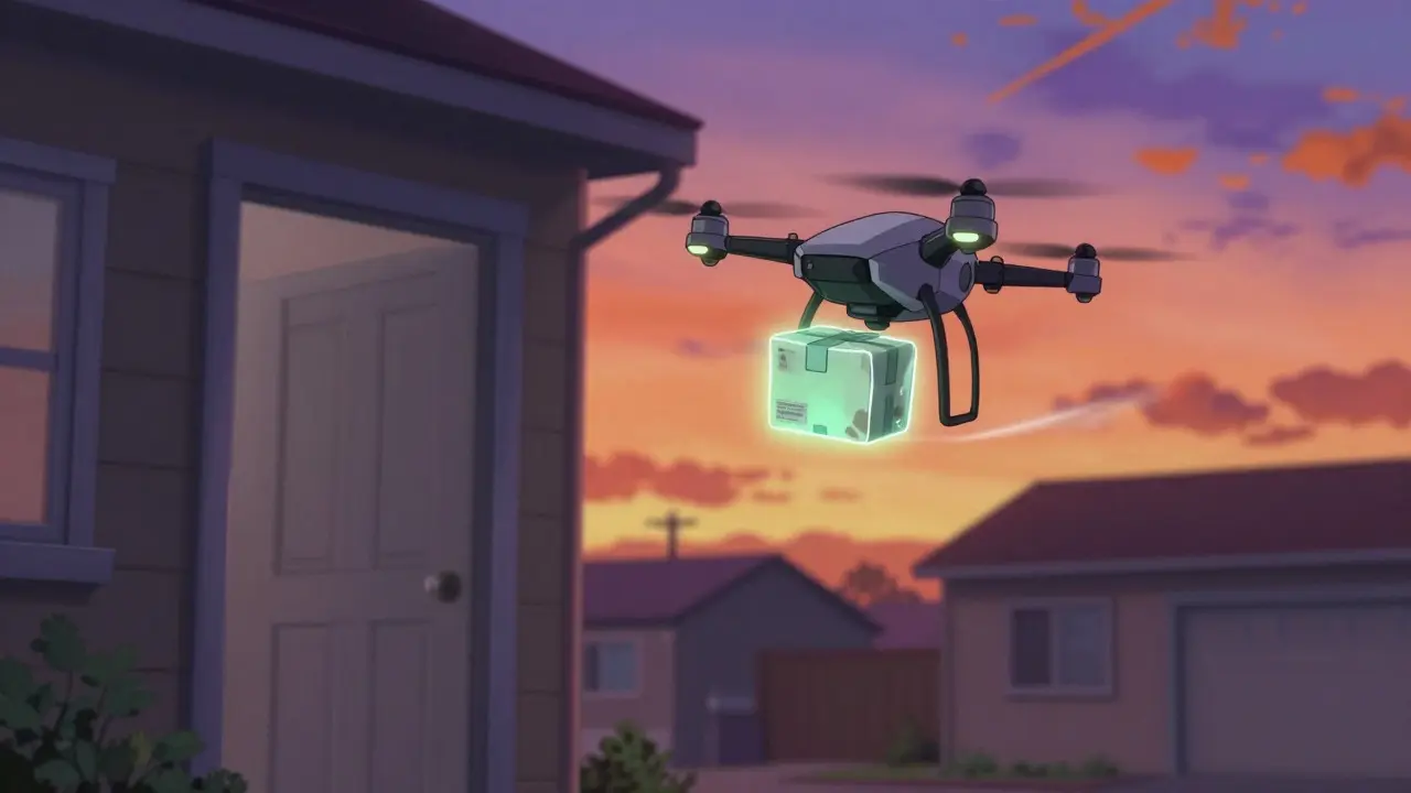 A small delivery drone carrying a glowing package flying towards a suburban house door