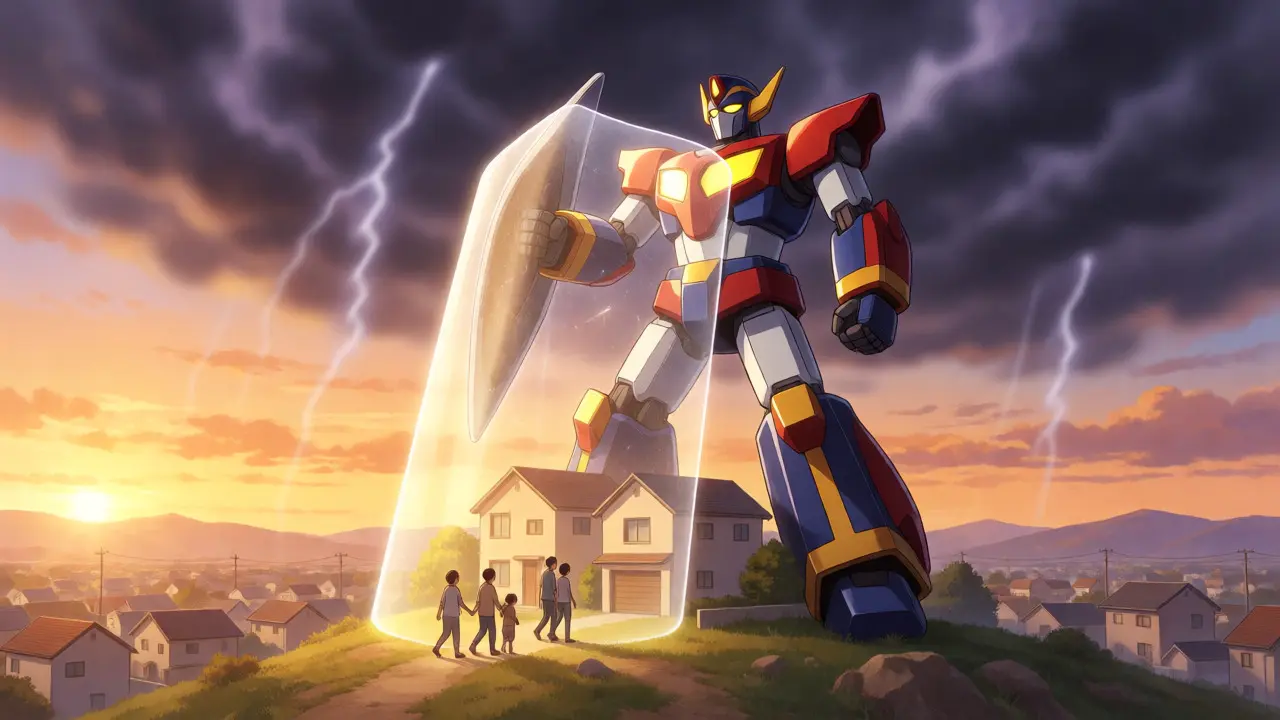 A super-robot shields a town from dark storm clouds of vision loss.
