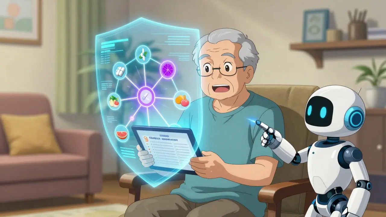 Anime depiction of an elderly patient managing medications with a helpful robot