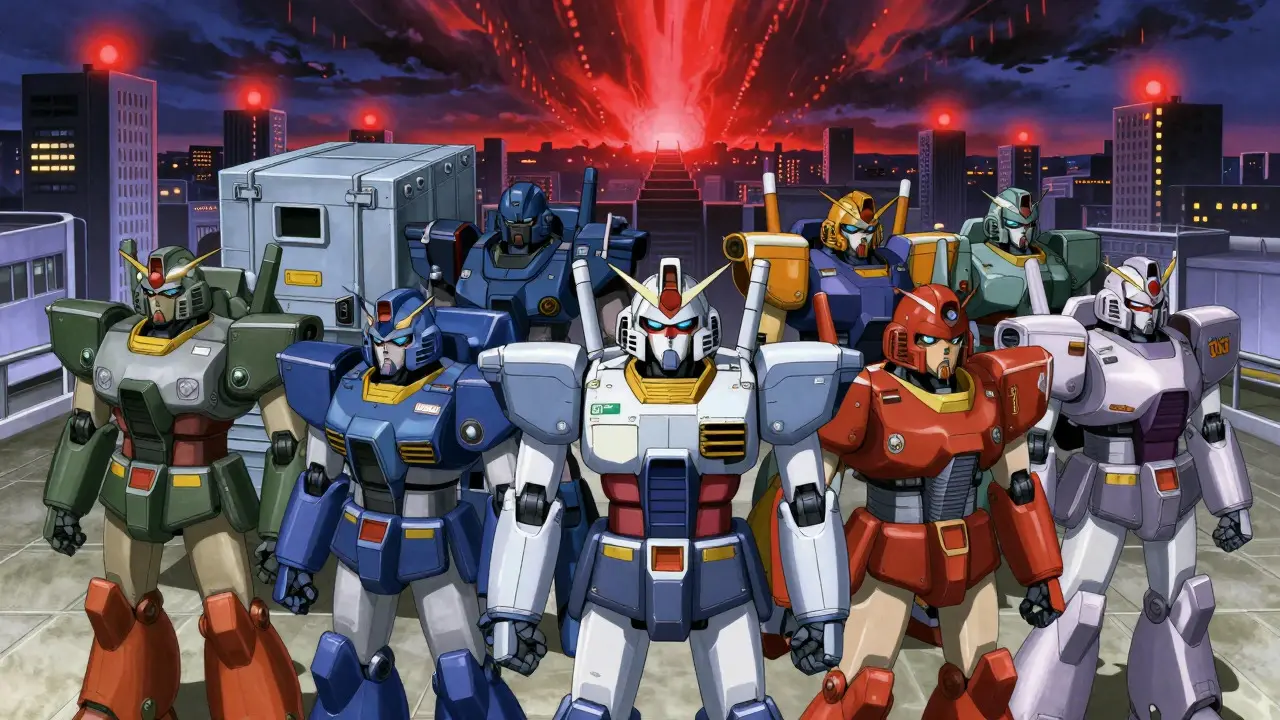 Group of diverse super robots standing in formation facing a distant storm in an anime style