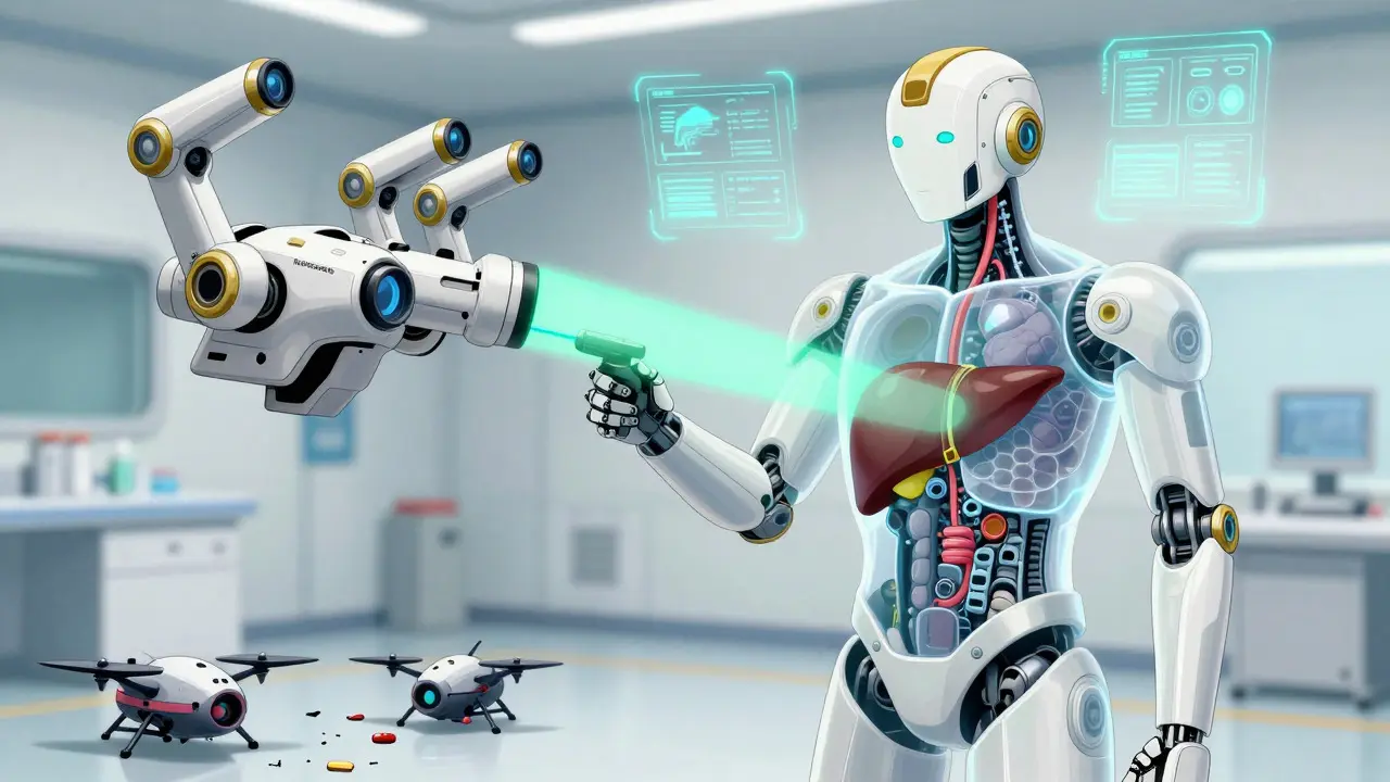 Guardian robot scanning a patient's liver for safety in a medical bay
