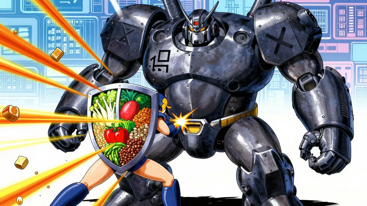 Hero robot shielding against sugar attacks from a large shadow monster