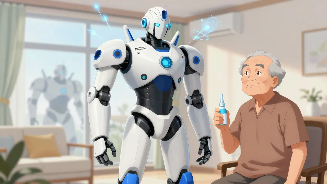 Heroic robot protecting senior from allergens in anime style