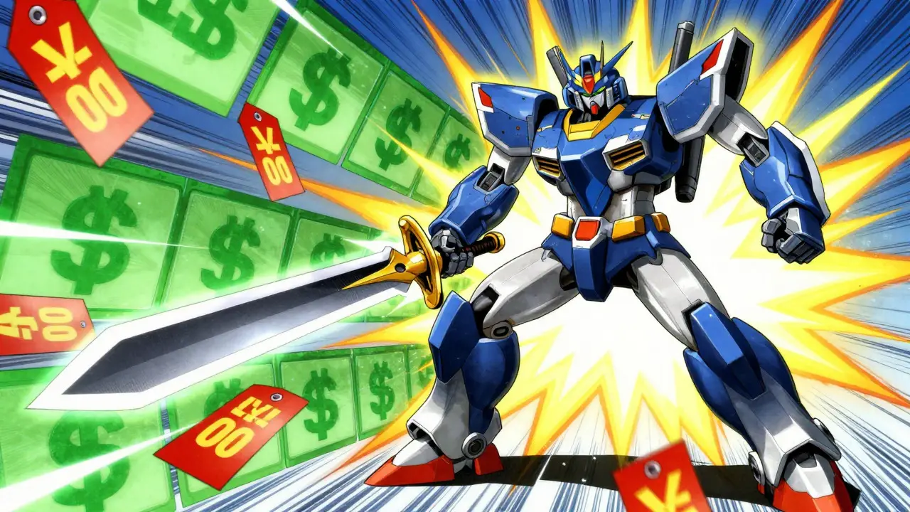 Heroic robot slashing through price barriers to reveal savings in an action scene