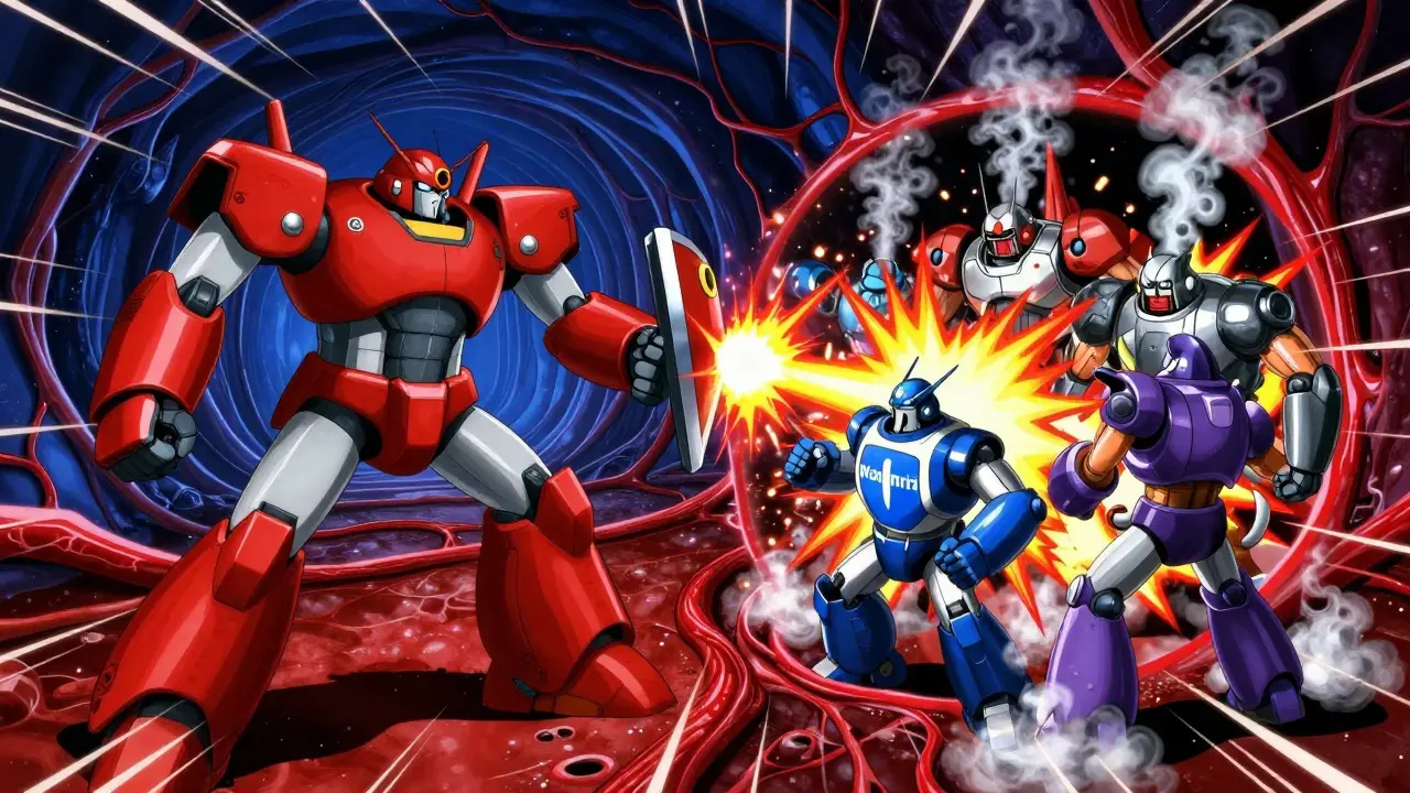 Mecha robots battling inside a bloodstream representing drug interactions