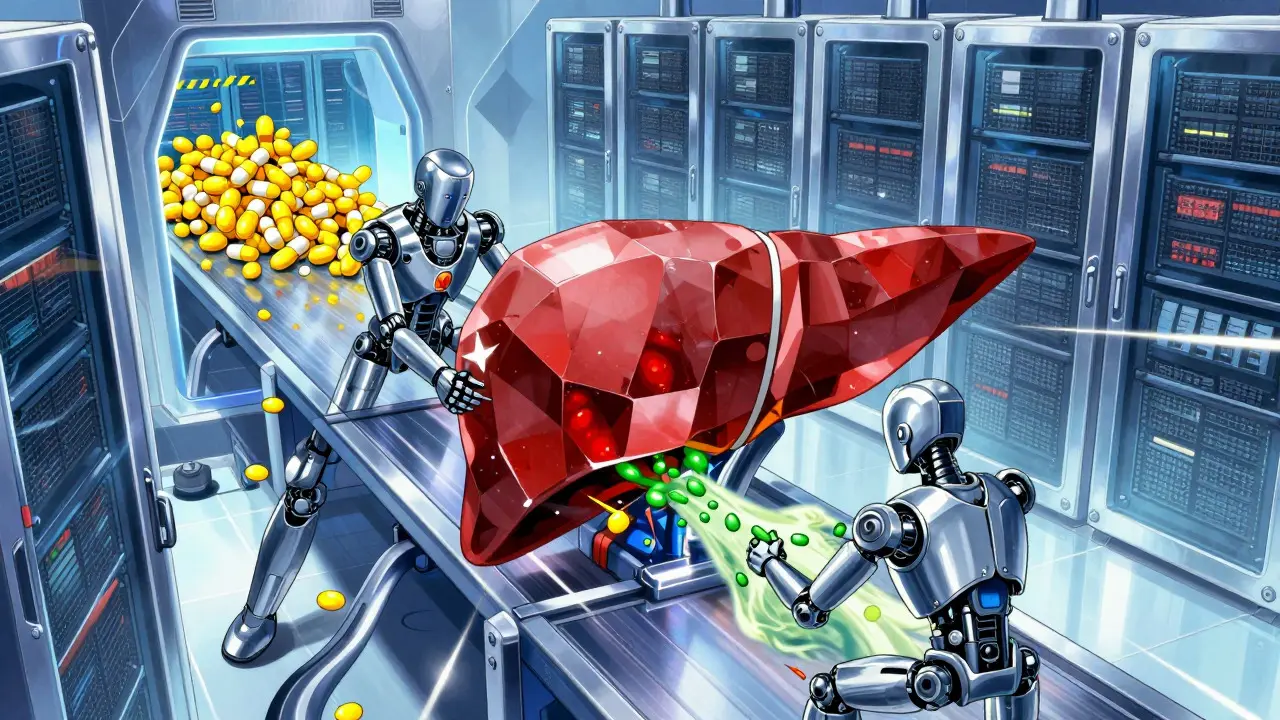 Mecha style art showing robotic liver enzymes interacting with drug molecules