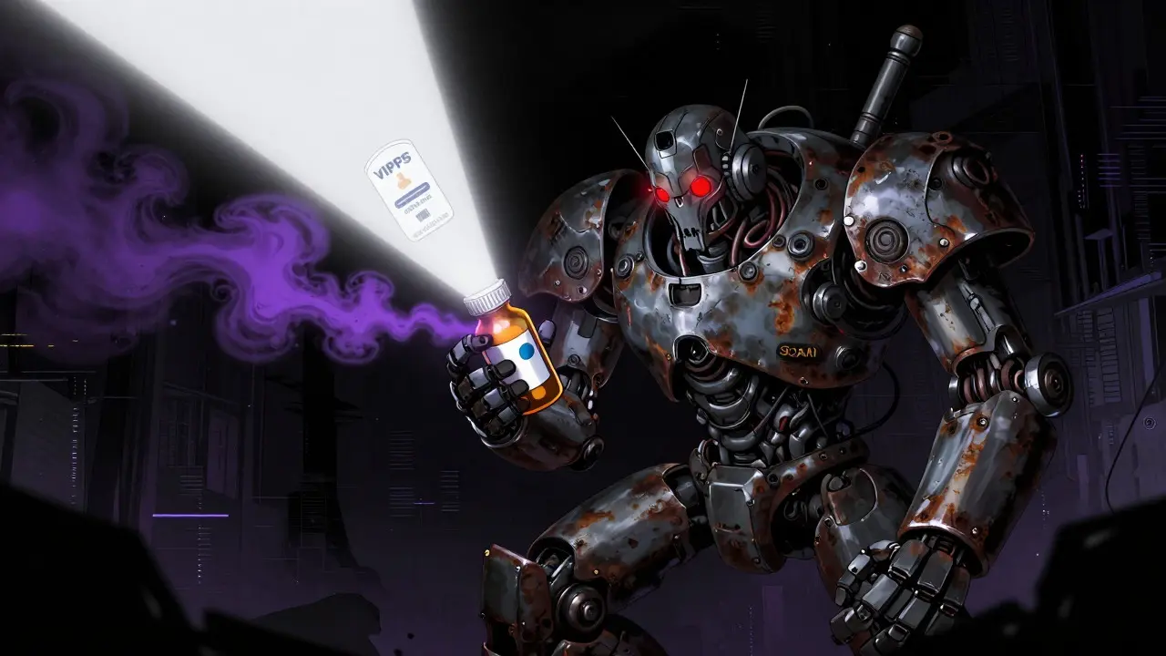 Menacing scrap robot representing scams versus a beam of light showing accreditation