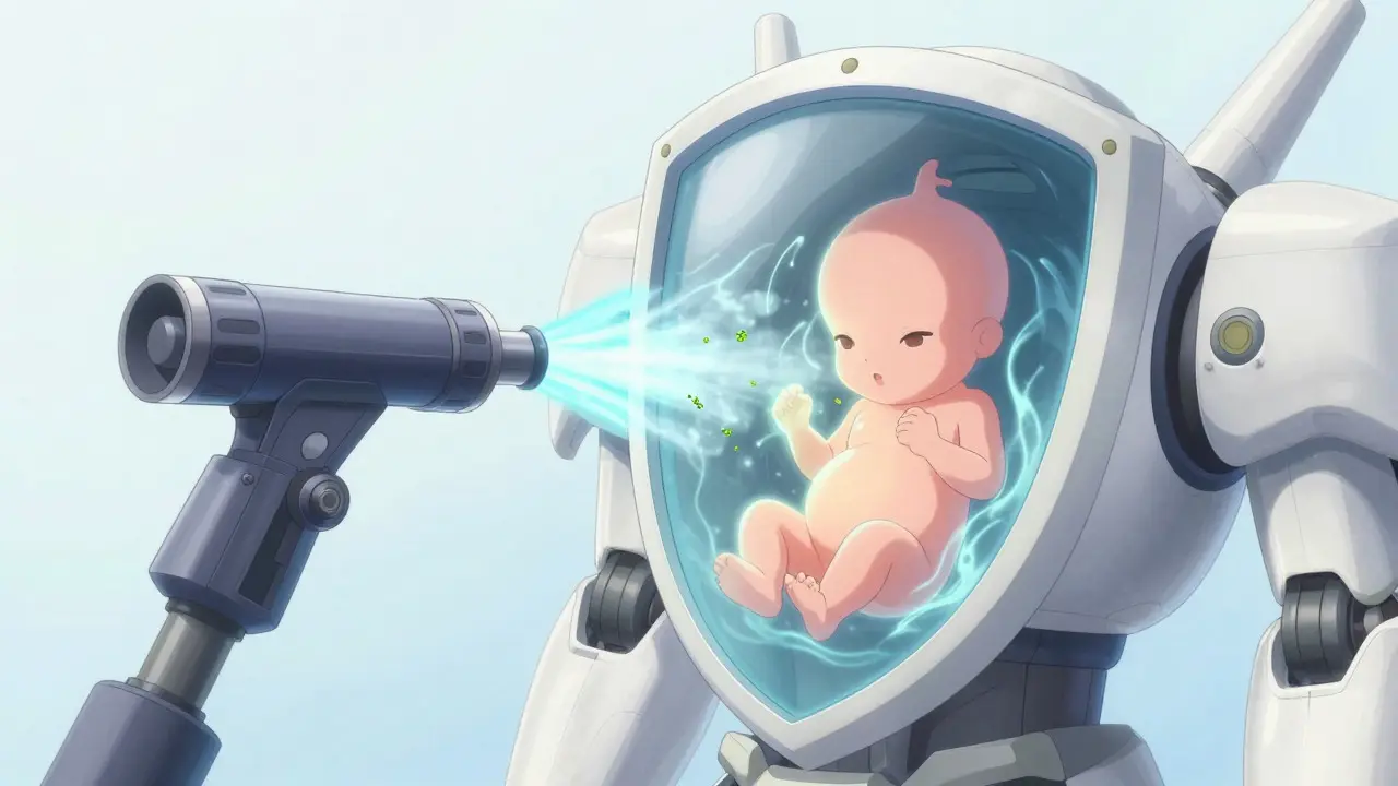 Nasal spray robot protecting fetus core from pollen drones