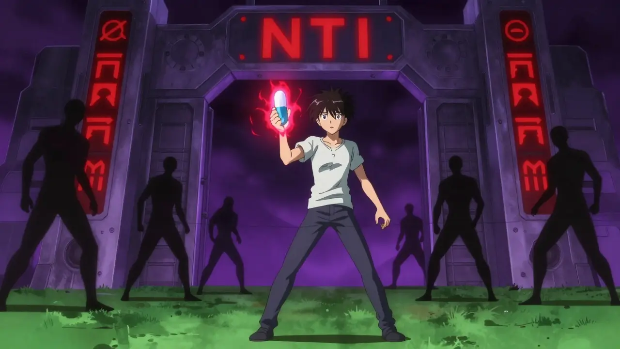 Patient facing a dangerous mechanical gate representing NTI drugs.