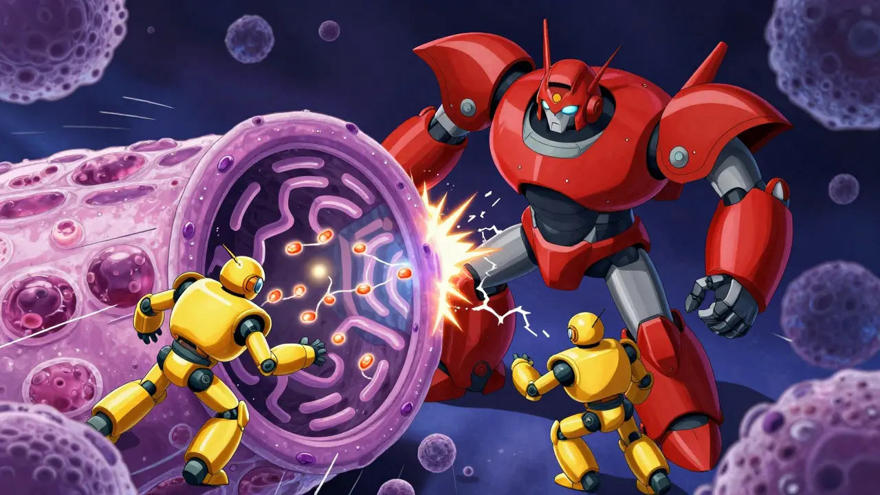 Red and yellow robots compete to block cell channels while glowing ions struggle to pass