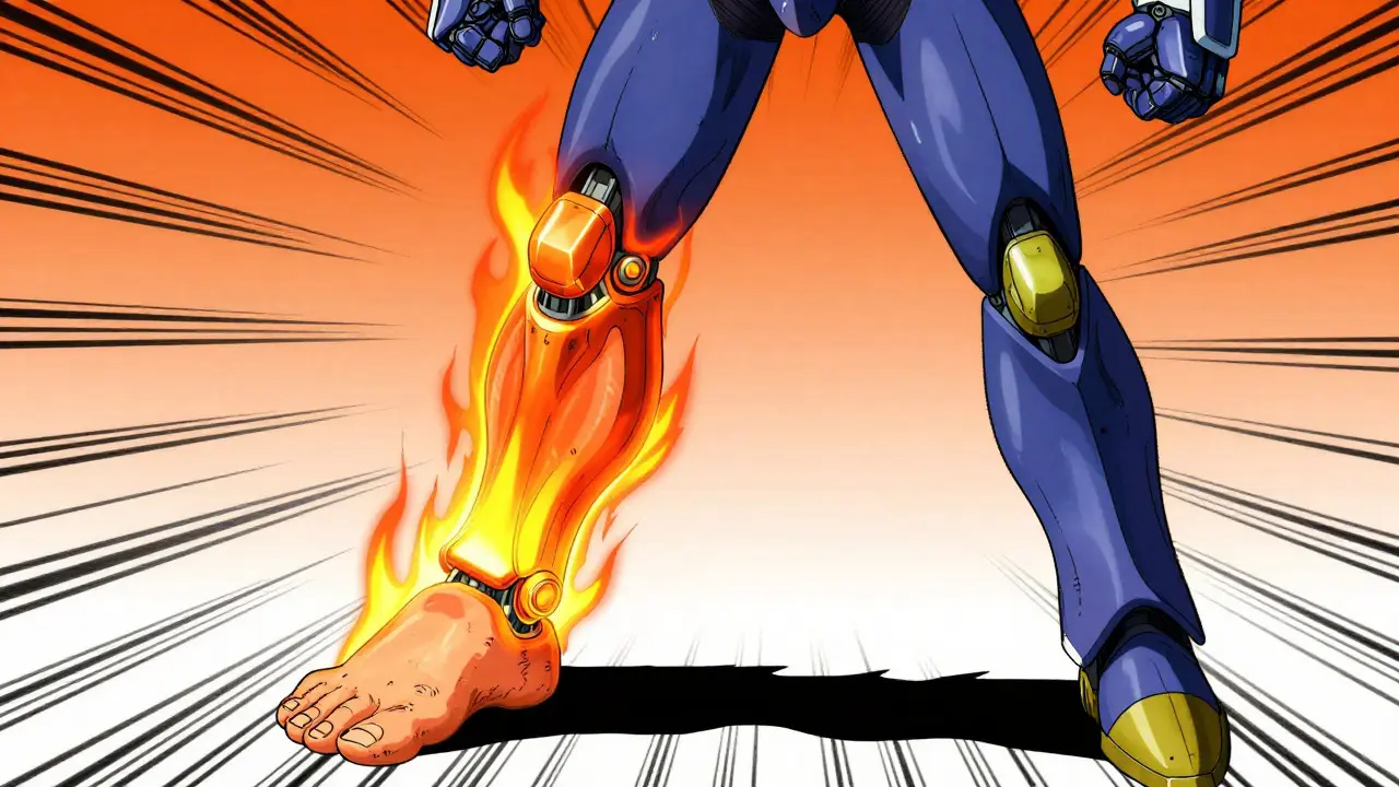 Super robot anime character with a swollen toe glowing with inflammation