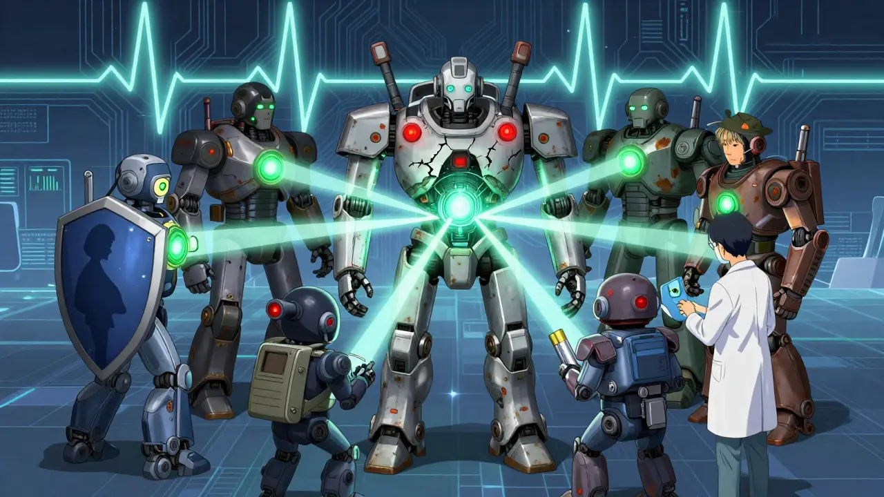 Support robots stabilize a damaged central robot's core within a circuit-like landscape