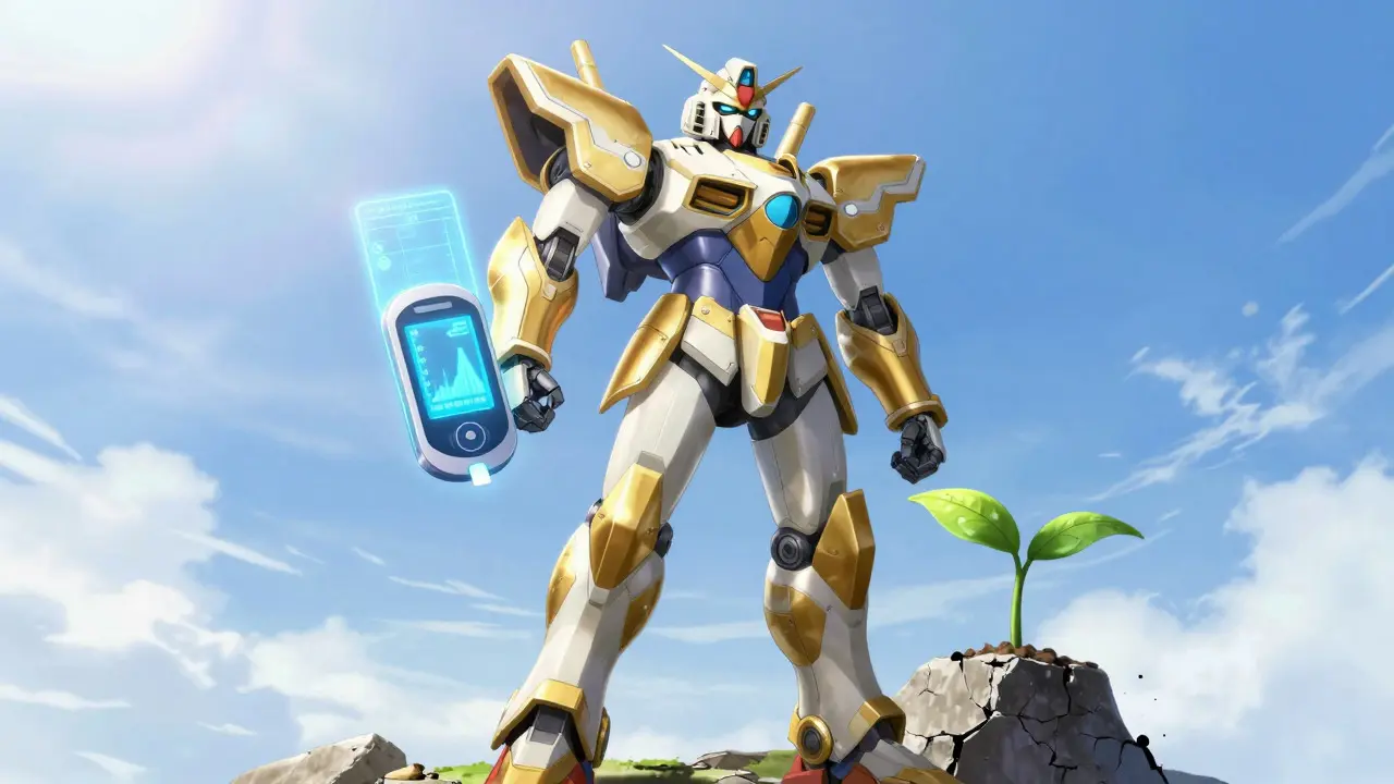 Triumphant golden robot holding a health monitor on a sunny peak