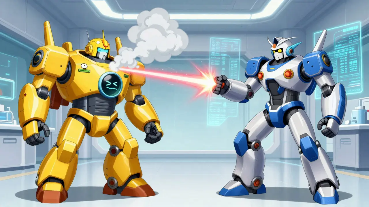 Two medical robots comparing sedation levels in anime style