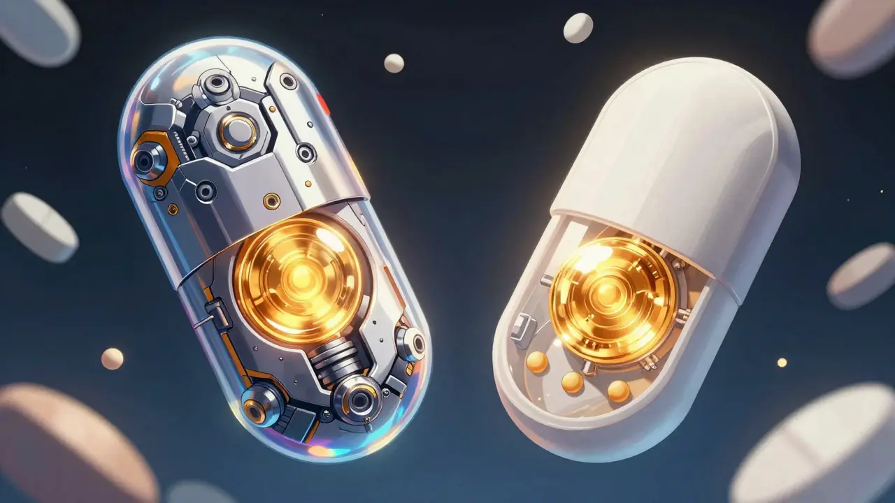 Two pills with identical glowing engines inside, showing bioequivalence.