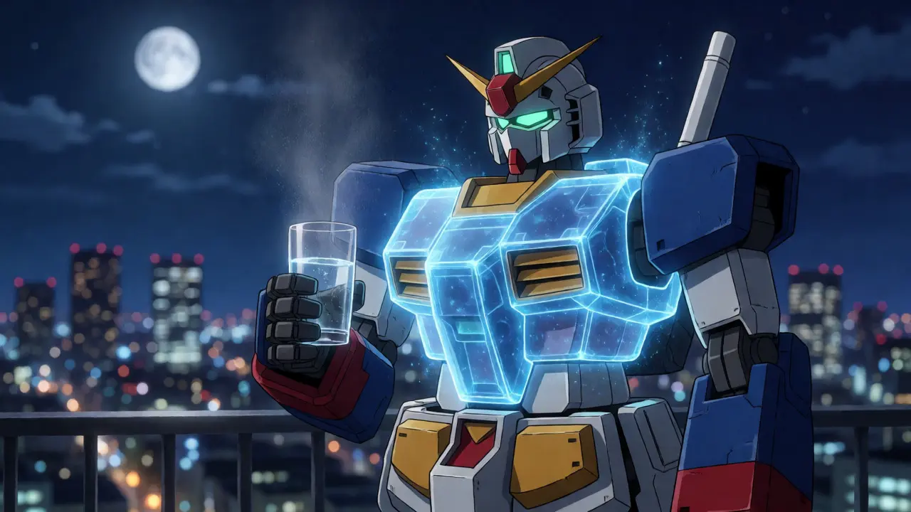 A super robot wearing a cooling vest on a balcony at night, drinking water.